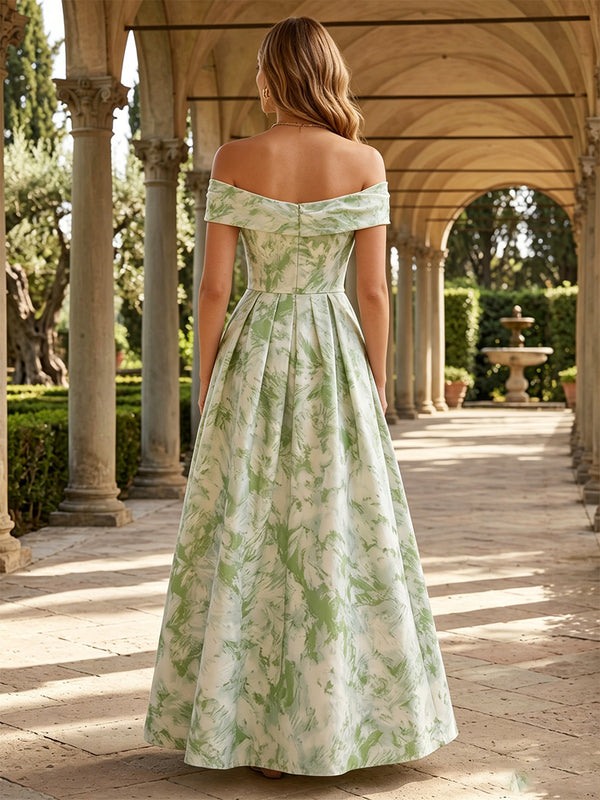 Jacquard A-Line/Princess Off Shoulder Floor-Length Evening Dresses with Ruched Waist