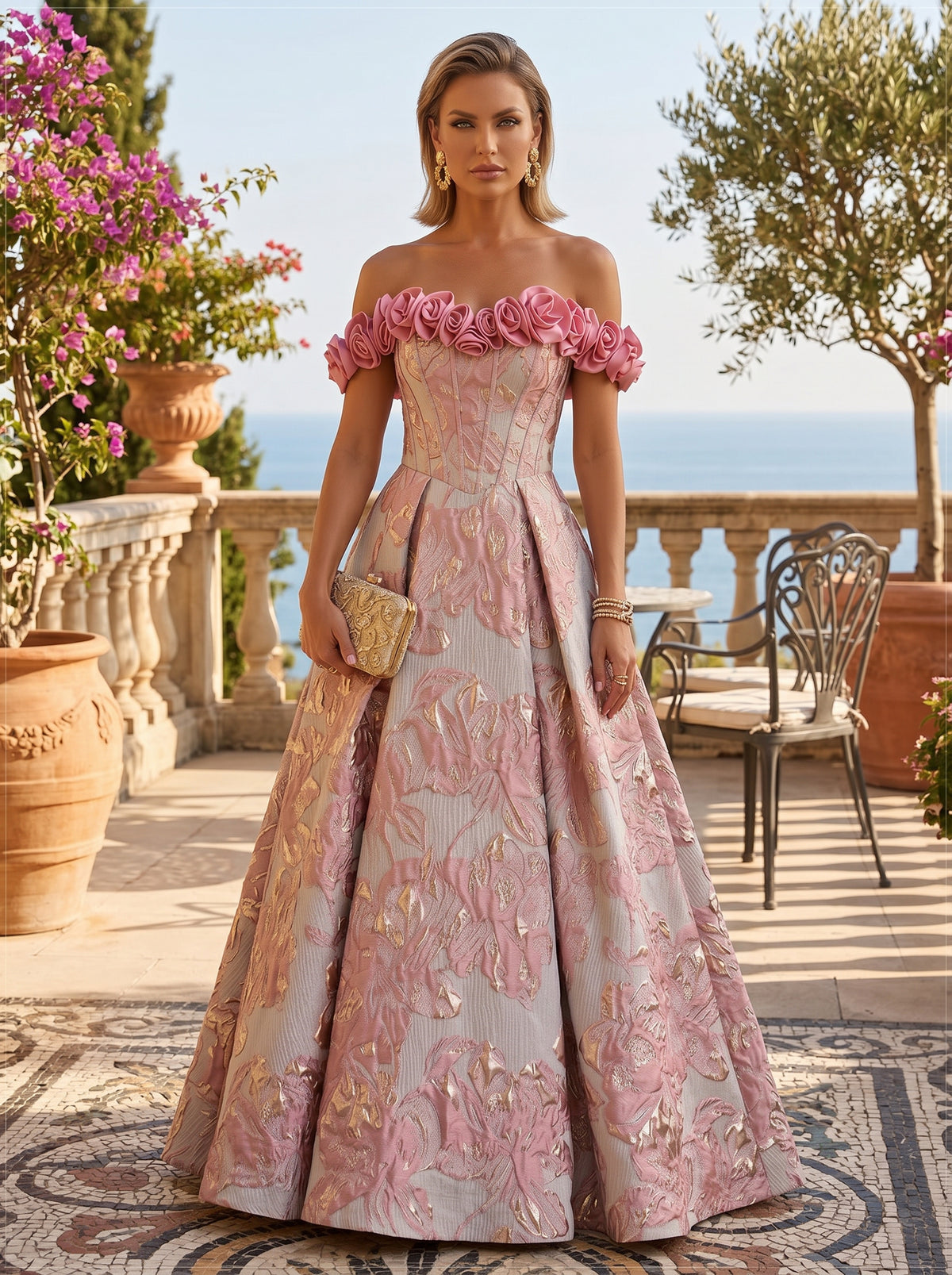 Jacquard A-Line/Princess Off Shoulder Floor-Length Evening Dresses with 3D Flowers & Ruched Waist