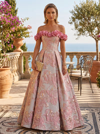 Jacquard A-Line/Princess Off Shoulder Floor-Length Evening Dresses with 3D Flowers & Ruched Waist