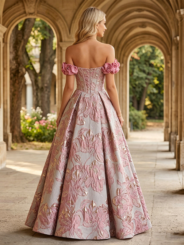 Jacquard A-Line/Princess Off Shoulder Floor-Length Evening Dresses with 3D Flowers & Ruched Waist