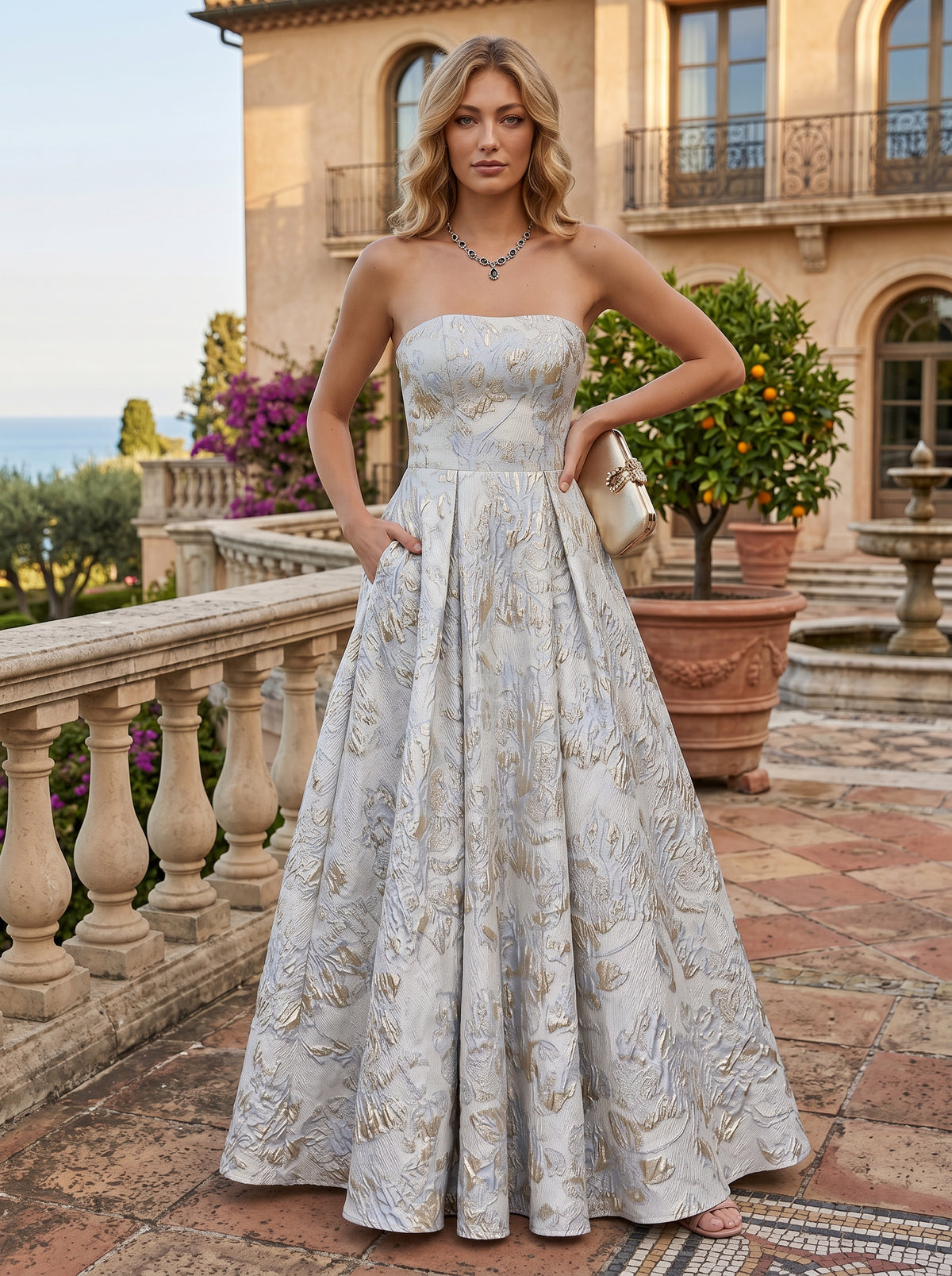 Jacquard A-Line/Princess Strapless Floor-Length Evening Dresses with Pleats & Pockets