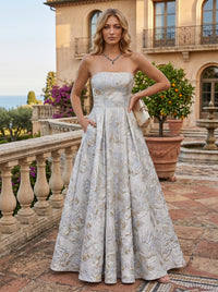 Jacquard A-Line/Princess Strapless Floor-Length Evening Dresses with Pleats & Pockets