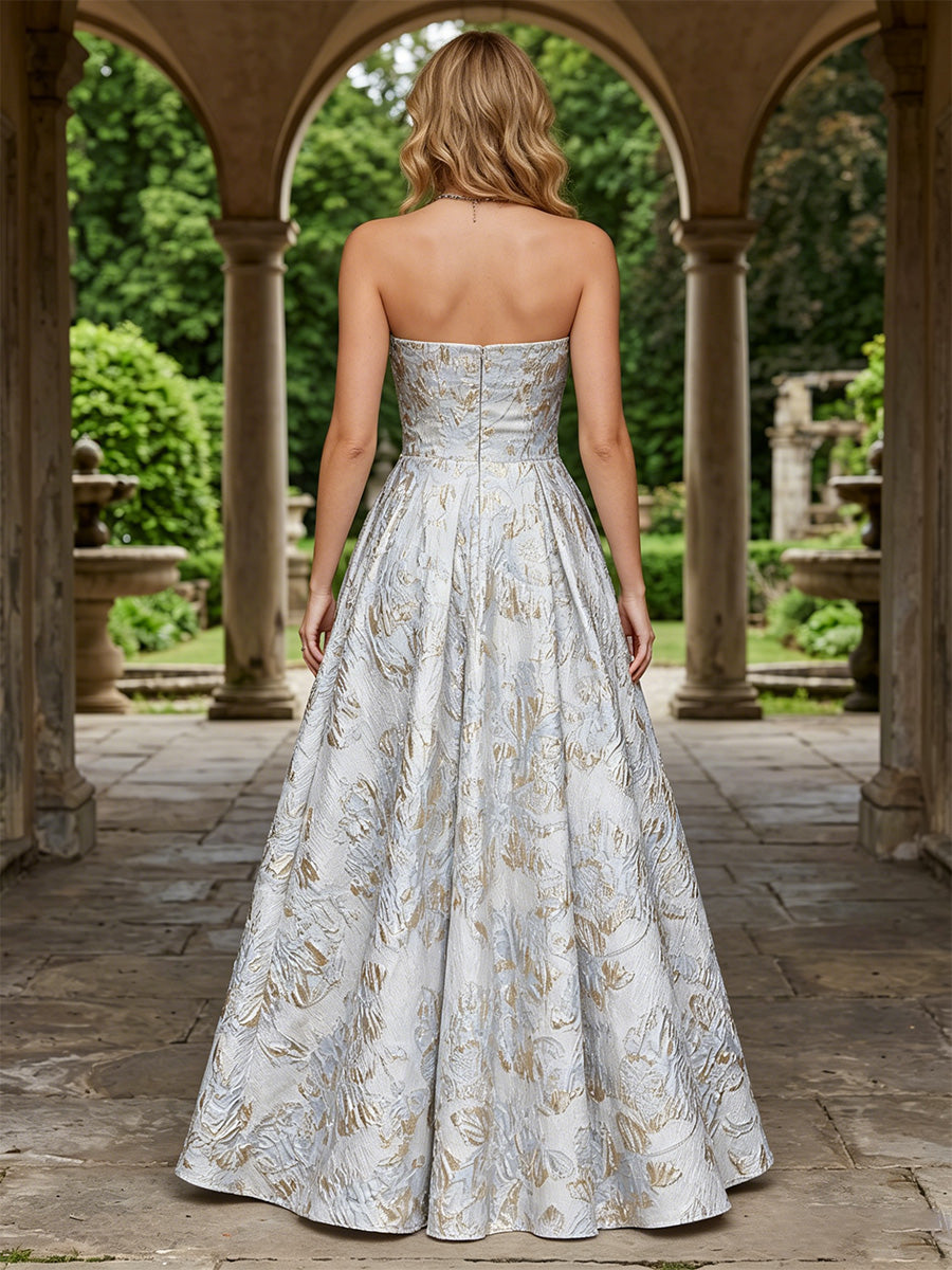 Jacquard A-Line/Princess Strapless Floor-Length Evening Dresses with Pleats & Pockets