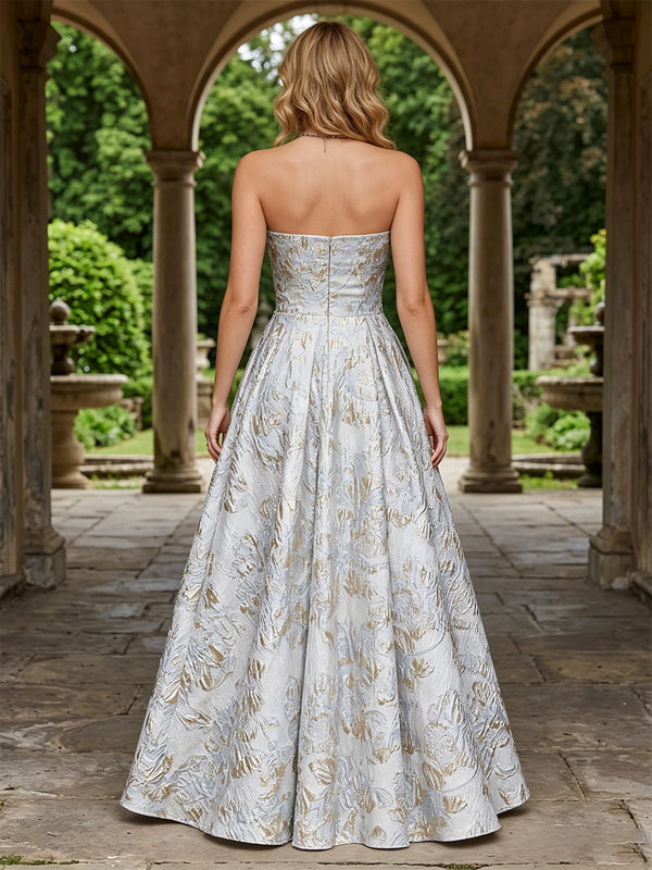 Jacquard A-Line/Princess Strapless Floor-Length Evening Dresses with Pleats & Pockets