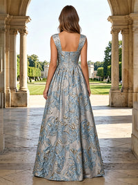 Jacquard A-Line/Princess Square Neck Floor-Length Evening Dresses with Ruched Waist