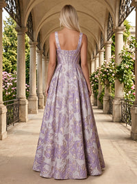 Jacquard A-Line/Princess Square Neck Floor-Length Evening Dresses with Ruched Waist & Slit