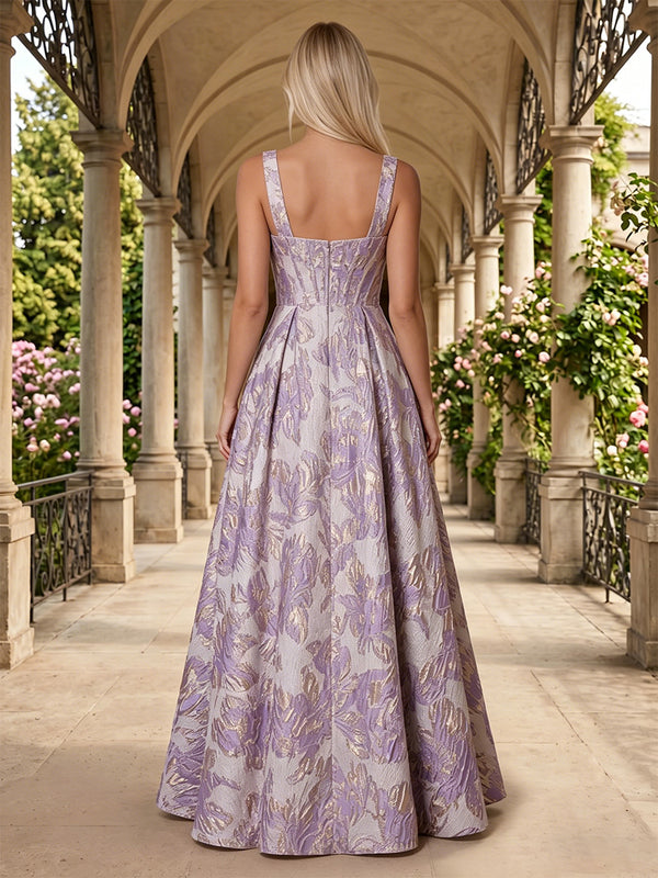 Jacquard A-Line/Princess Square Neck Floor-Length Evening Dresses with Ruched Waist & Slit
