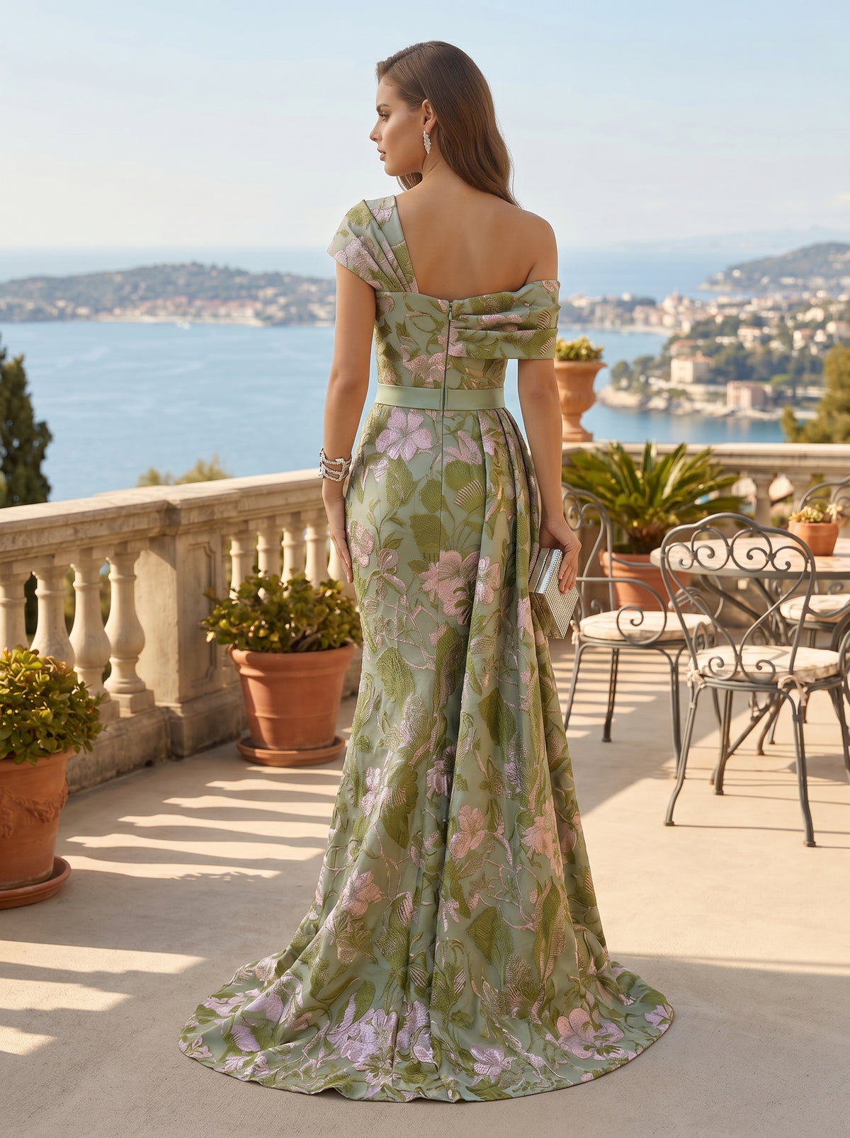 Jacquard Mermaid/Trumpet Off Shoulder Floor-Length Evening Dresses with Ruched Waist & Sweep Train