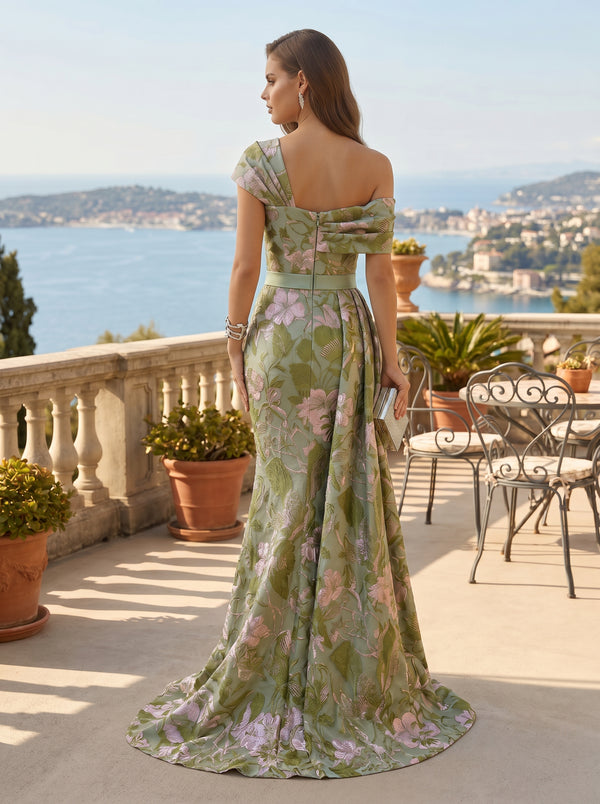 Jacquard Mermaid/Trumpet Off Shoulder Floor-Length Evening Dresses with Ruched Waist & Sweep Train