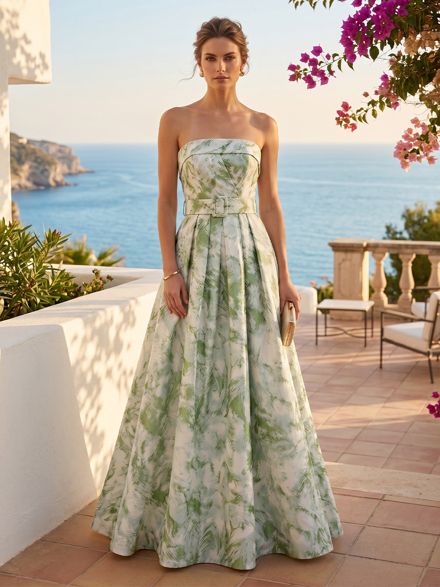 Jacquard A-Line/Princess Strapless Floor-Length Evening Dresses with Ruched Waist