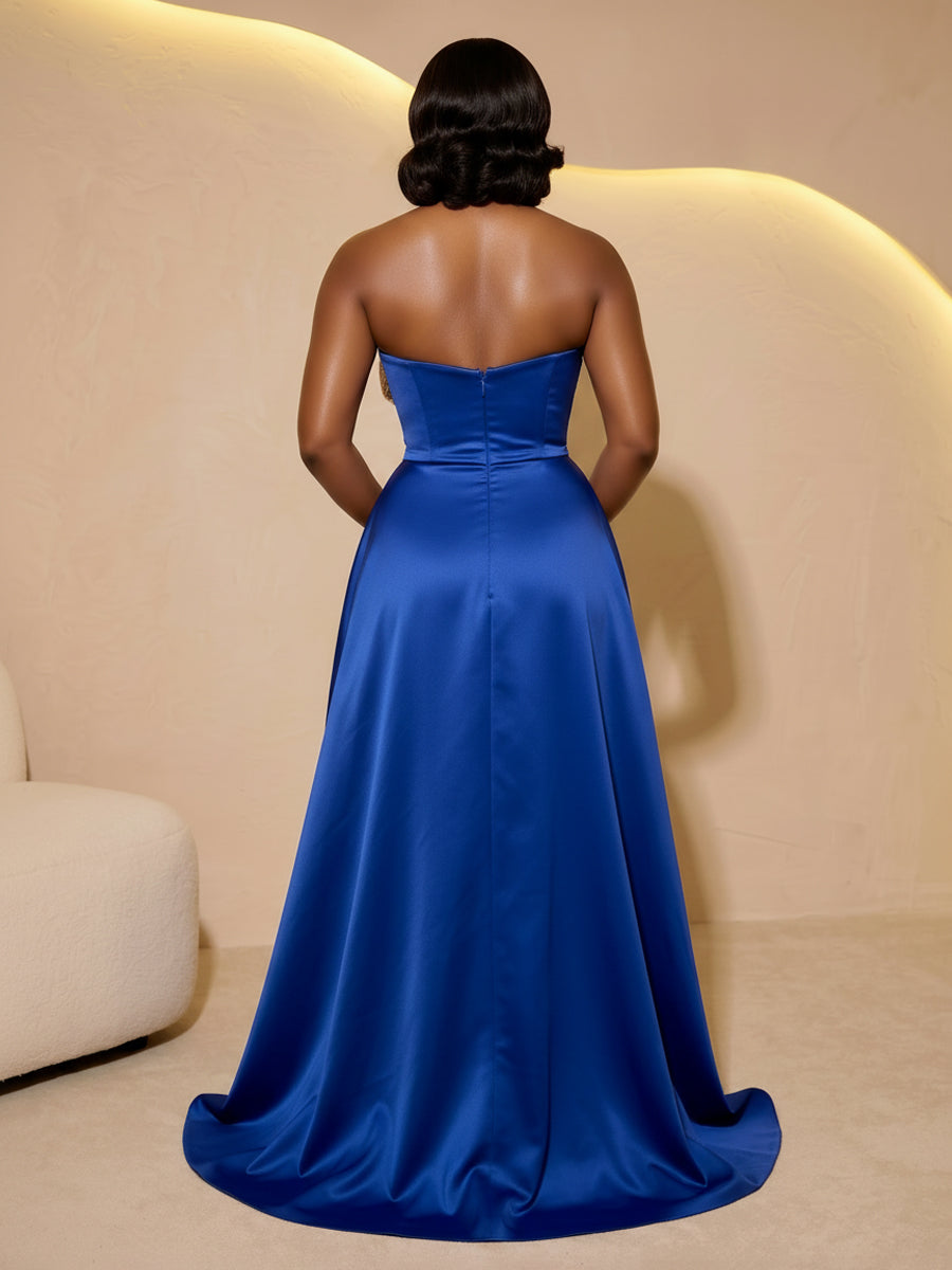 Satin Sheath/Column Strapless Floor-Length Evening Dresses with Sweep Train