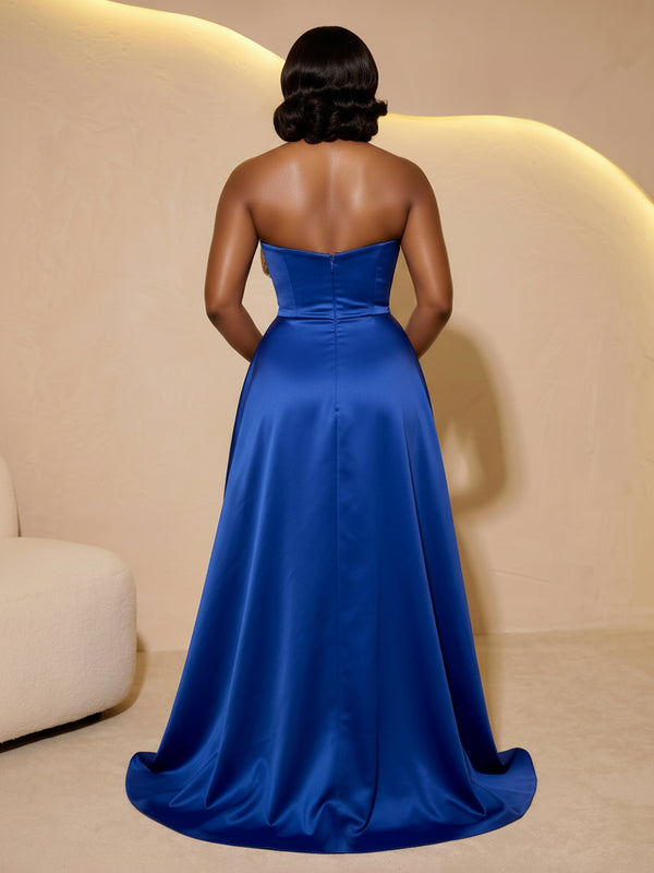 Satin Sheath/Column Strapless Floor-Length Evening Dresses with Sweep Train