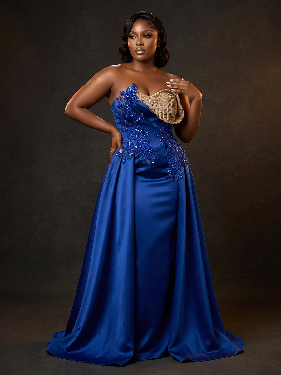 Satin Sheath/Column Strapless Floor-Length Evening Dresses with Sweep Train