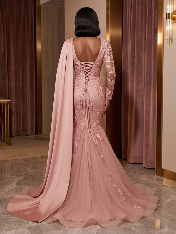 Tulle Mermaid/Trumpet V-Neck Floor-Length Evening Dresses with Appliques, Pleats & Side Sash
