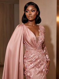 Tulle Mermaid/Trumpet V-Neck Floor-Length Evening Dresses with Appliques, Pleats & Side Sash