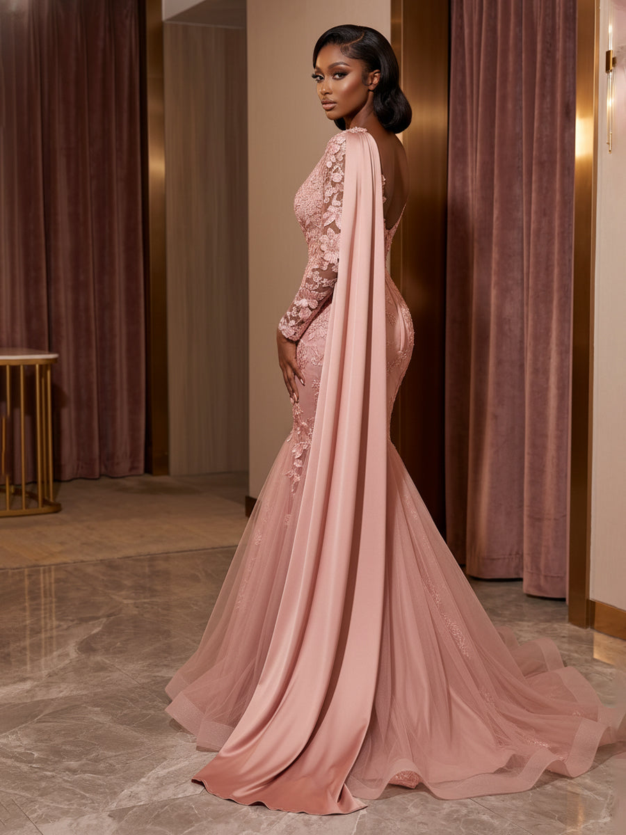 Tulle Mermaid/Trumpet V-Neck Floor-Length Evening Dresses with Appliques, Pleats & Side Sash