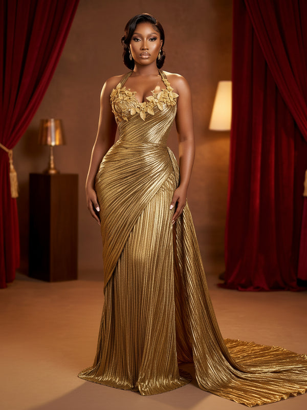 Metallic Satin Sheath/Column Halter Floor-Length Evening Dresses with Ruched Waist & Sweep Train