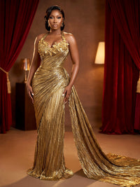 Metallic Satin Sheath/Column Halter Floor-Length Evening Dresses with Ruched Waist & Sweep Train