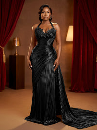 Metallic Satin Sheath/Column Halter Floor-Length Evening Dresses with Ruched Waist & Sweep Train