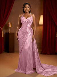 Metallic Satin Sheath/Column Halter Floor-Length Evening Dresses with Ruched Waist & Sweep Train