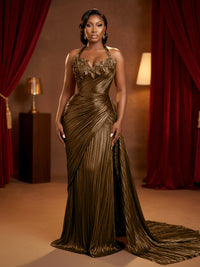 Metallic Satin Sheath/Column Halter Floor-Length Evening Dresses with Ruched Waist & Sweep Train