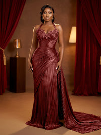 Metallic Satin Sheath/Column Halter Floor-Length Evening Dresses with Ruched Waist & Sweep Train