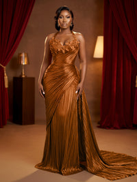 Metallic Satin Sheath/Column Halter Floor-Length Evening Dresses with Ruched Waist & Sweep Train