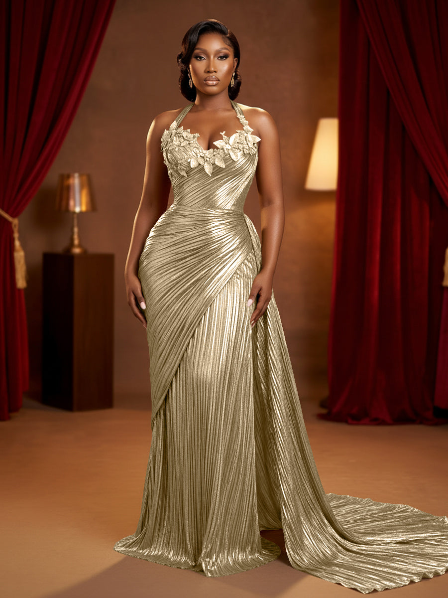 Metallic Satin Sheath/Column Halter Floor-Length Evening Dresses with Ruched Waist & Sweep Train