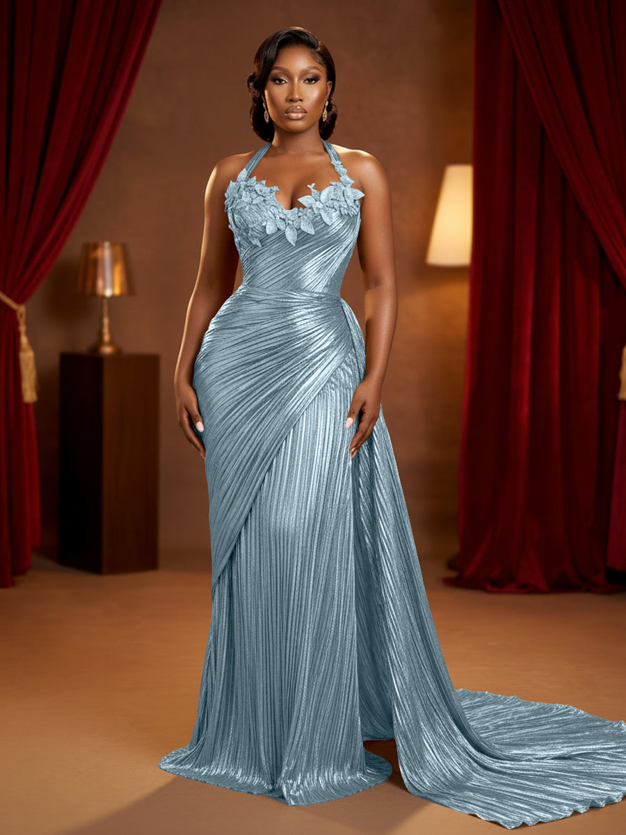 Metallic Satin Sheath/Column Halter Floor-Length Evening Dresses with Ruched Waist & Sweep Train
