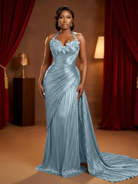 Metallic Satin Sheath/Column Halter Floor-Length Evening Dresses with Ruched Waist & Sweep Train