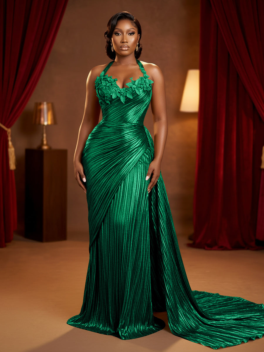 Metallic Satin Sheath/Column Halter Floor-Length Evening Dresses with Ruched Waist & Sweep Train