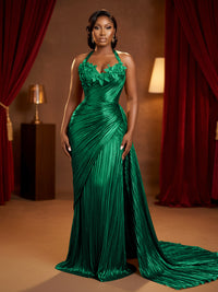 Metallic Satin Sheath/Column Halter Floor-Length Evening Dresses with Ruched Waist & Sweep Train