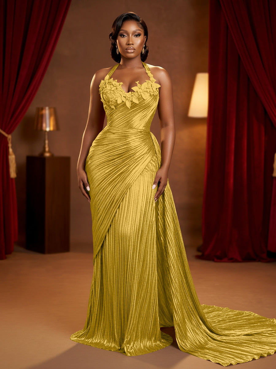Metallic Satin Sheath/Column Halter Floor-Length Evening Dresses with Ruched Waist & Sweep Train