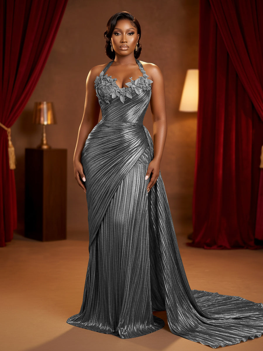 Metallic Satin Sheath/Column Halter Floor-Length Evening Dresses with Ruched Waist & Sweep Train