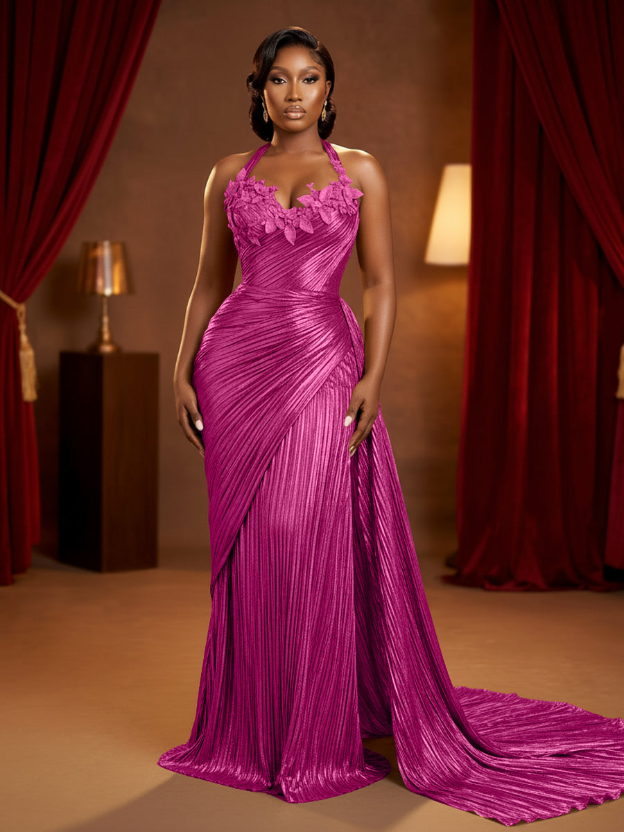 Metallic Satin Sheath/Column Halter Floor-Length Evening Dresses with Ruched Waist & Sweep Train
