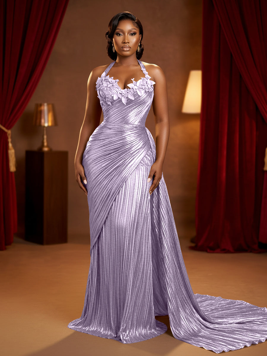Metallic Satin Sheath/Column Halter Floor-Length Evening Dresses with Ruched Waist & Sweep Train