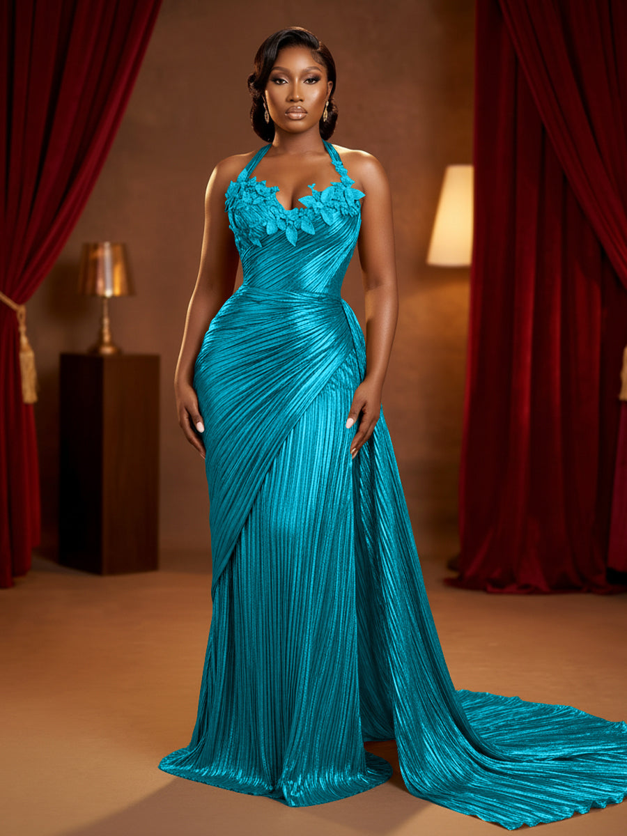 Metallic Satin Sheath/Column Halter Floor-Length Evening Dresses with Ruched Waist & Sweep Train