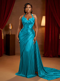 Metallic Satin Sheath/Column Halter Floor-Length Evening Dresses with Ruched Waist & Sweep Train
