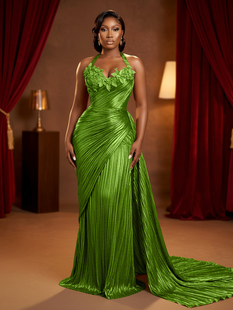 Metallic Satin Sheath/Column Halter Floor-Length Evening Dresses with Ruched Waist & Sweep Train