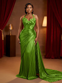 Metallic Satin Sheath/Column Halter Floor-Length Evening Dresses with Ruched Waist & Sweep Train