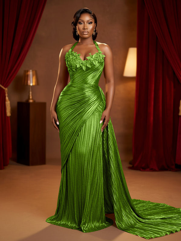 Metallic Satin Sheath/Column Halter Floor-Length Evening Dresses with Ruched Waist & Sweep Train
