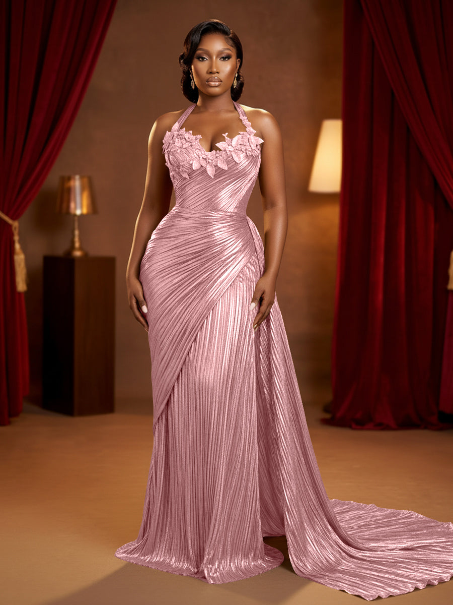 Metallic Satin Sheath/Column Halter Floor-Length Evening Dresses with Ruched Waist & Sweep Train