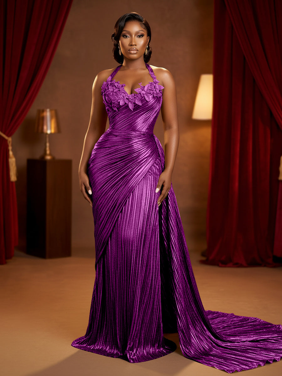 Metallic Satin Sheath/Column Halter Floor-Length Evening Dresses with Ruched Waist & Sweep Train