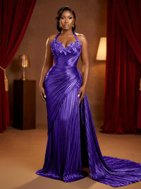 Metallic Satin Sheath/Column Halter Floor-Length Evening Dresses with Ruched Waist & Sweep Train