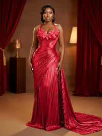 Metallic Satin Sheath/Column Halter Floor-Length Evening Dresses with Ruched Waist & Sweep Train