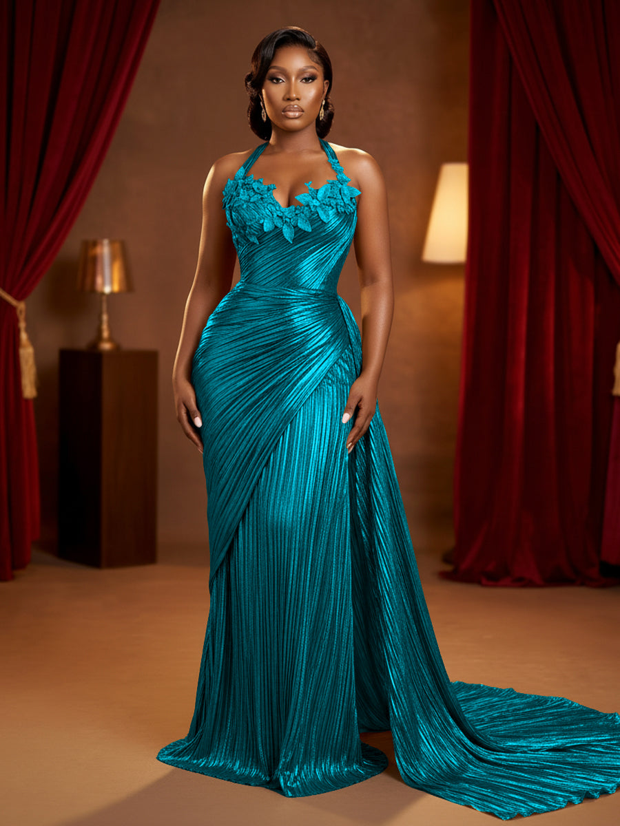 Metallic Satin Sheath/Column Halter Floor-Length Evening Dresses with Ruched Waist & Sweep Train