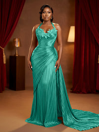 Metallic Satin Sheath/Column Halter Floor-Length Evening Dresses with Ruched Waist & Sweep Train