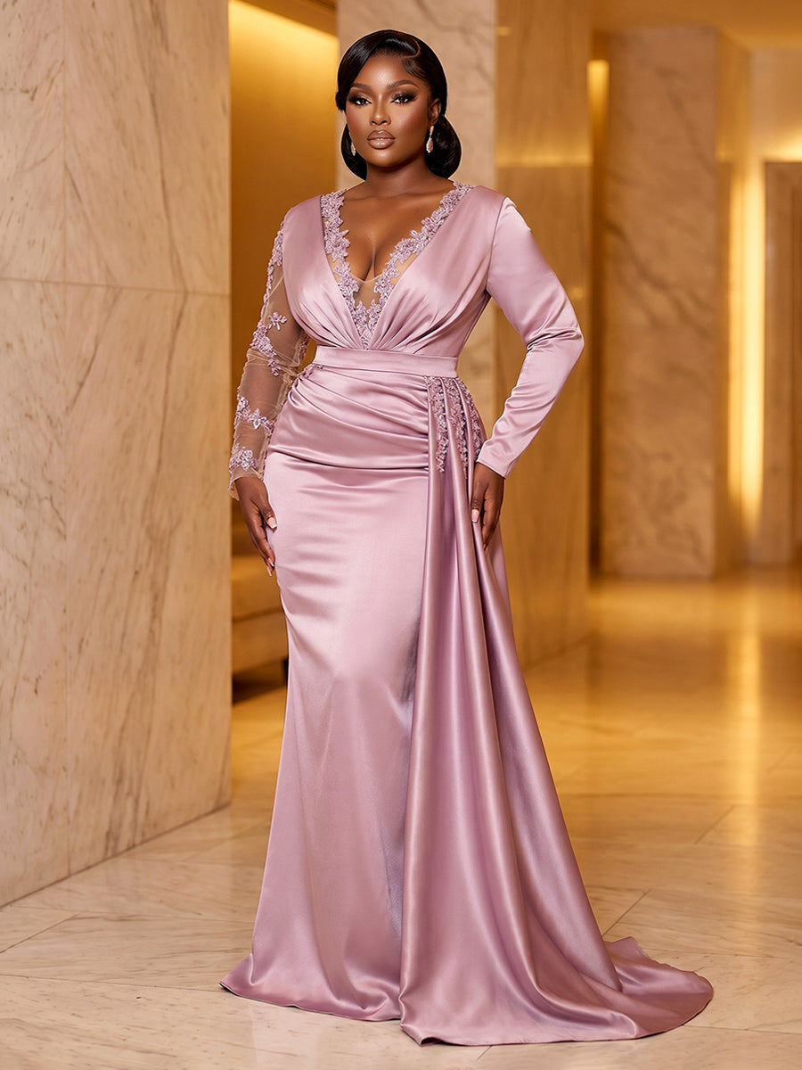 Satin Mermaid/Trumpet V-Neck Floor-Length Evening Dresses with Ruched Waist & Sweep Train