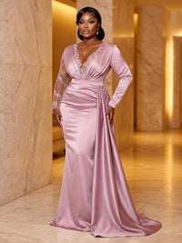 Satin Mermaid/Trumpet V-Neck Floor-Length Evening Dresses with Ruched Waist & Sweep Train