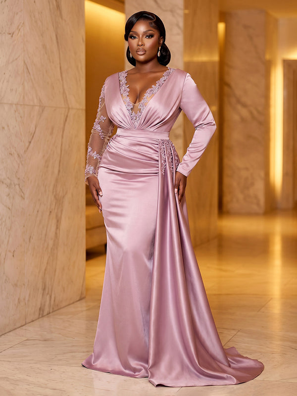 Satin Mermaid/Trumpet V-Neck Floor-Length Evening Dresses with Ruched Waist & Sweep Train